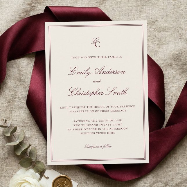 Convite Casamento Clássico Elegante em Borgonha e Creme (Criador carregado)