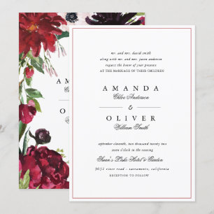 Convite  Casamento Clássico Elegante Floral de Blush Verm