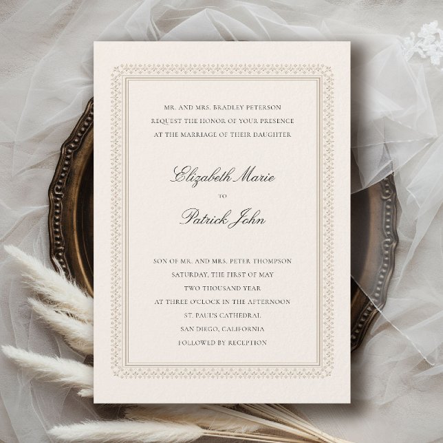 Convite Casamento Clássico Elegante Moderno Ecru Formal (formal traditional wedding invitation modern classic double frame deco ballroom black tie ecru)