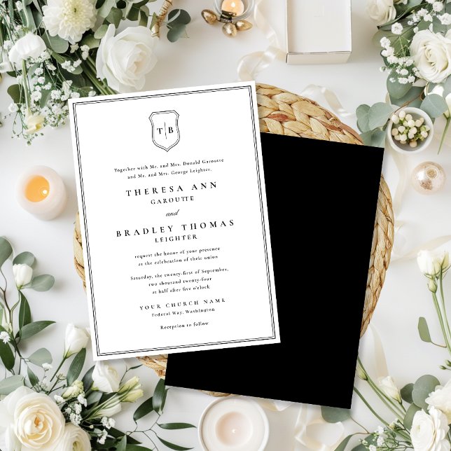 Convite Casamento Clássico Elegante Monograma Negra (Classic Elegant Monogram Black Crest Wedding Invitation)