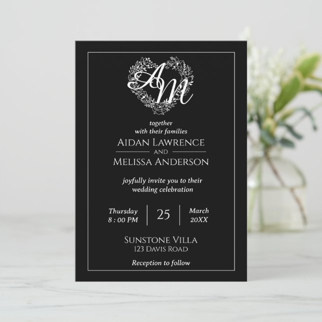 Convite Casamento Clássico Elegante Negro e Branco Minimal (Em pé/Frente)