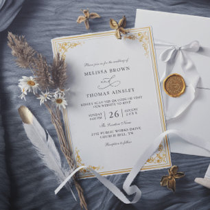 Convite Casamento Clássico Elegante Ouro Ecru Orçamento Có