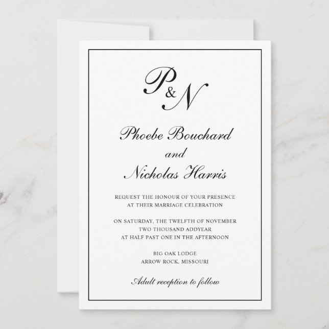 Convite Casamento Clássico Elegante Preto e Branco (Frente)