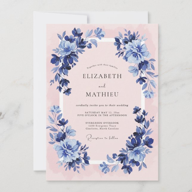 Convite Casamento Clássico Elegante Rosa Azul-Marinho (Frente)