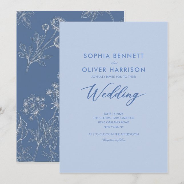 Convite casamento clássico em azul empoeirado com floração (Frente/Verso)