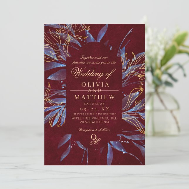 Convite Casamento Clássico em Azul Marinho e Burgundy com  (Em pé/Frente)