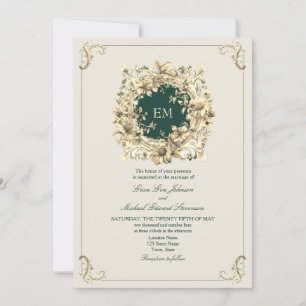 Convite Casamento Clássico em Dourado e Verde Esmeralda
