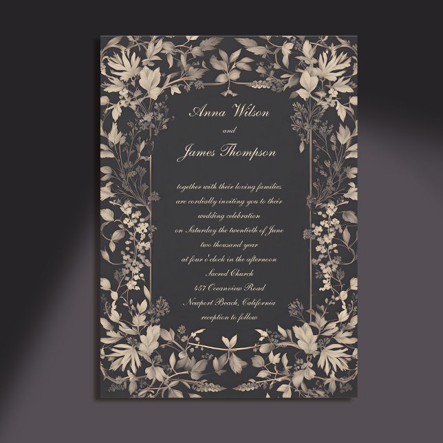 Convite Casamento Clássico Escuro da Floresta Moody Greene (moody forest wedding invitation botanical frame dark gold elegant classic traditional calligraphy)