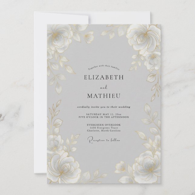Convite Casamento Clássico Etéreo Cinza-Rocha (Frente)