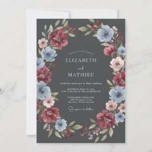 Convite Casamento Clássico Floral Azul Grená
