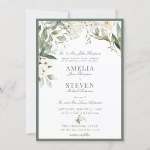 Convite Casamento Clássico Floral Branco Verde