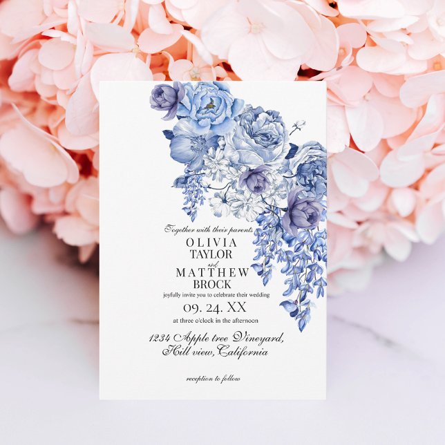 Convite Casamento Clássico Floral Elegante marinho (Criador carregado)