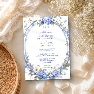 Convite Casamento Clássico Floral Pintura Aquarela Azul