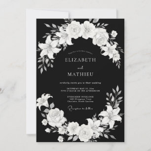 Convite Casamento Clássico Floral Preto e Branco Romance