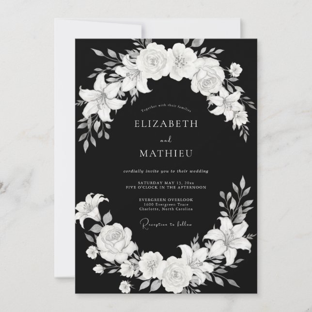 Convite Casamento Clássico Floral Preto e Branco Romance (Frente)