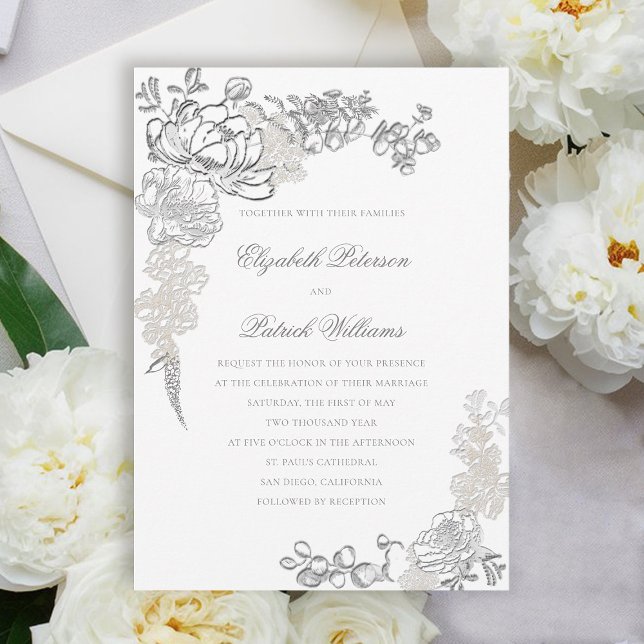 Convite Casamento Clássico Formal de Peões Embalados Faux (peony wedding invitation floral frame formal traditional elegant calligraphy modern classic ivory)