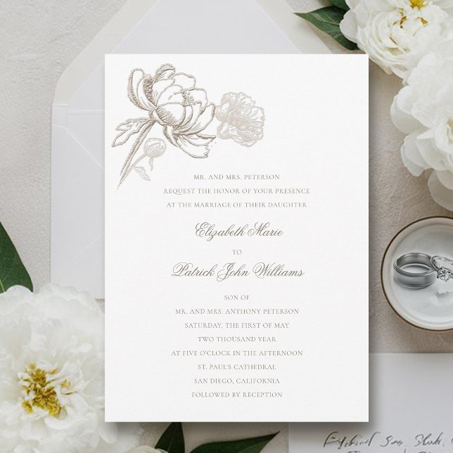 Convite Casamento Clássico Formal de Peões Embalados Faux (peony wedding invitation formal traditional elegant calligraphy modern classic bride parents)
