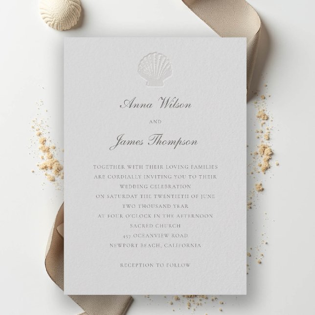 Convite Casamento Clássico Formal de Seashell Marítima Náu (nautical coastal wedding invitation modern classic formal traditional elegant shell medium ivory)