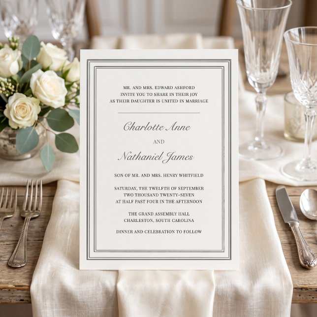 Convite Casamento Clássico Formal Ecru Ivory Triple Frame (Classic Formal Ecru Ivory Triple Frame Wedding Invitation)