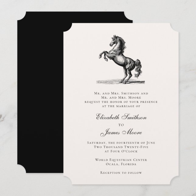 Convite Casamento Clássico Formal Elegante Equestre (Frente/Verso)