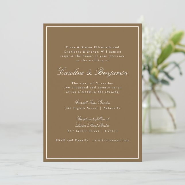 Convite Casamento Clássico Formal Marrom Quente Elegante S (Em pé/Frente)