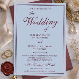 Convite Casamento Clássico Francês Azul e Borgonha Dinheir