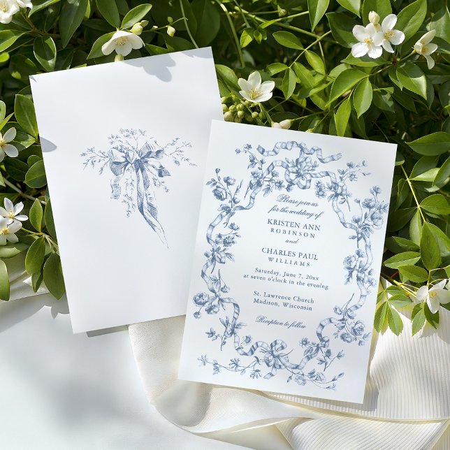 Convite Casamento Clássico Francês com Flores Azuis e Fita (Criador carregado)