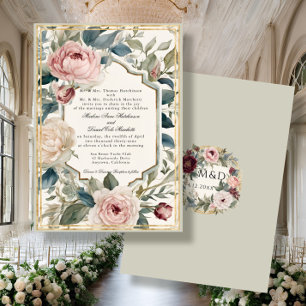 Convite Casamento Clássico Francês Vintage Floral Dourado 