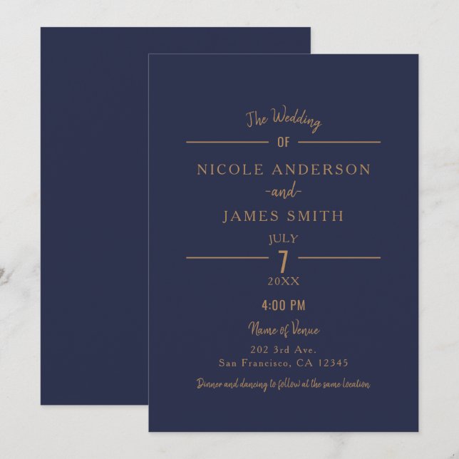 Convite Casamento Clássico Limpo Minimal Chic Azul Naval D (Frente/Verso)