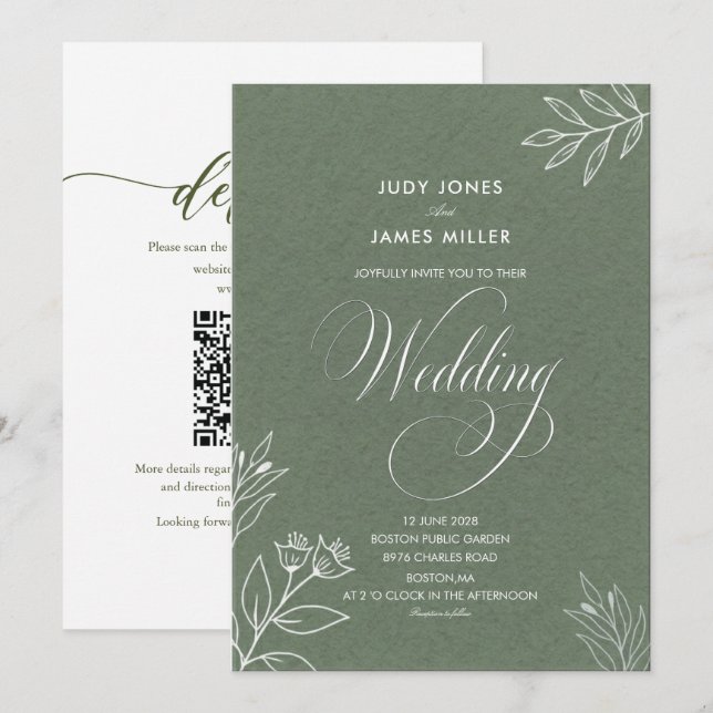 Convite casamento clássico minimal simples rústico verde s (Frente/Verso)