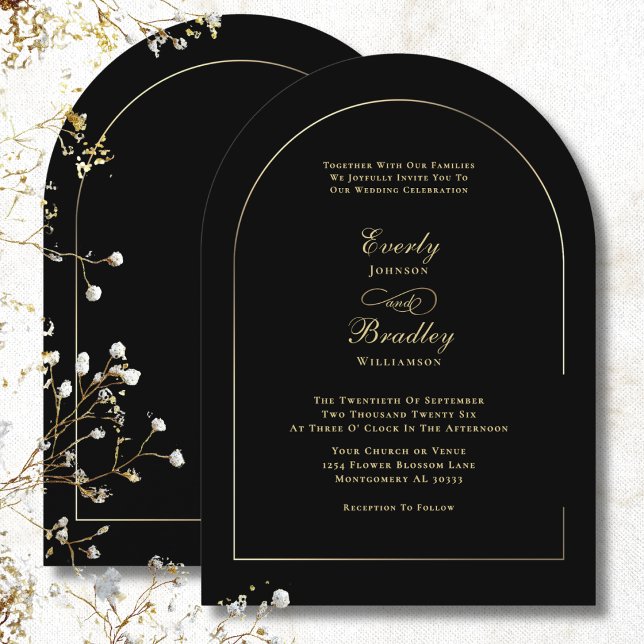 Convite Casamento Clássico Minimalista Arco Preto Ouro (Criador carregado)