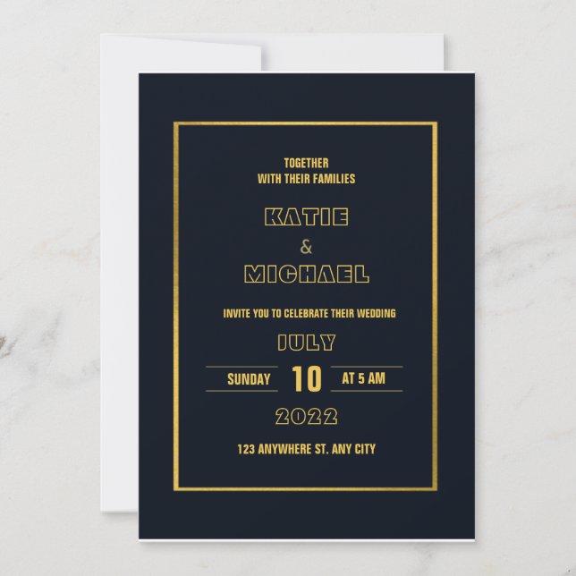 Convite Casamento clássico minimalista de ouro azul Marinh (Frente)
