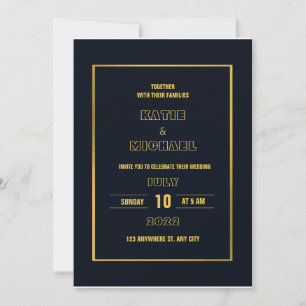 Convite Casamento clássico minimalista de ouro azul Marinh