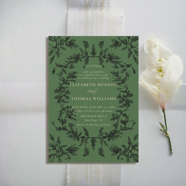 Convite Casamento Clássico Moderno Botânico Moody Forest (moody forest wedding invitation botanical frame moss green elegant modern traditional calligraphy)