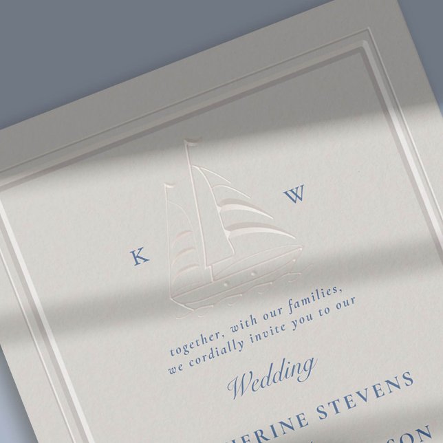 Convite Casamento Clássico Moderno Com Embargo Náutico Fau (nautical beach boat yacht coastal ocean wedding invitation faux embossed frame ecru navy detail)