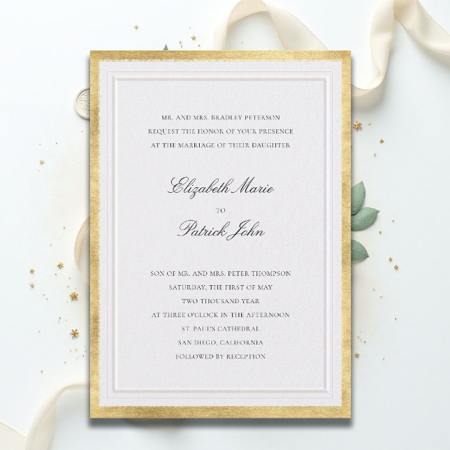 Convite Casamento Clássico Moderno com Pérolas e Faux Dour (formal traditional wedding invitation modern classic double frame ballroom black gold pearl white)