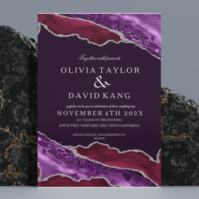 Convite Casamento Clássico Moderno da Borgonha e Prata Rox (Criador carregado)