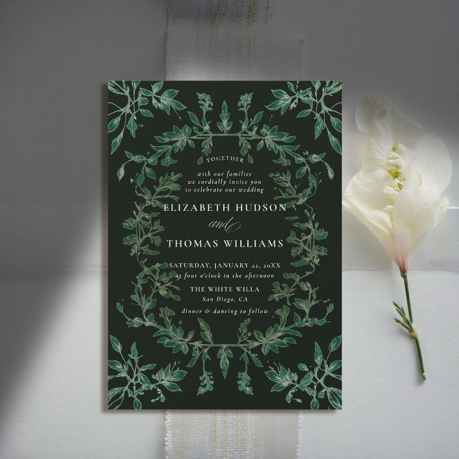 Convite Casamento Clássico Moderno da Floresta Moody (moody forest wedding invitation botanical frame black green elegant modern traditional calligraphy)