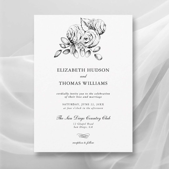Convite Casamento Clássico Moderno de Desenho de Arte Flor (peony wedding invitation modern classic formal  floral sketch black white elegant romantic)