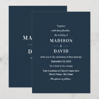 Convite Casamento Clássico Moderno de Marinho Mínimo