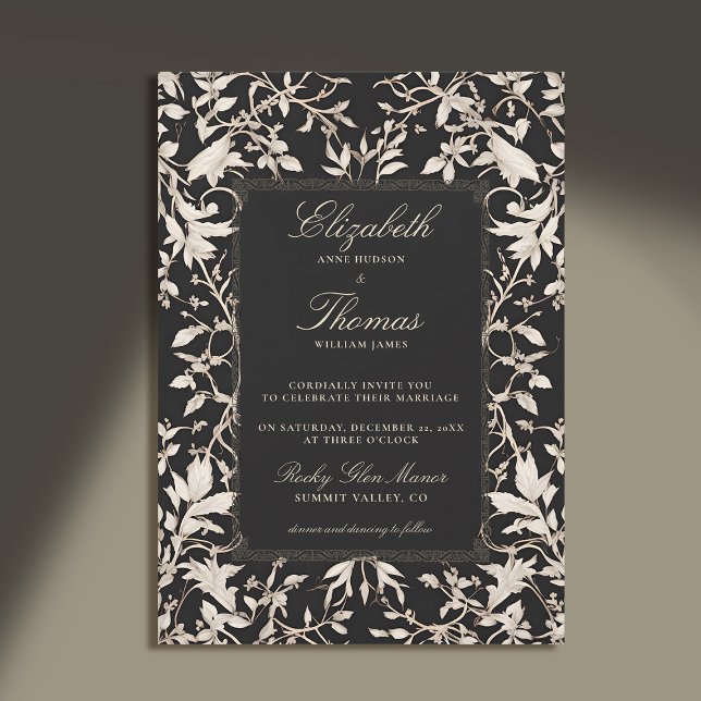 Convite Casamento Clássico Moderno de Molody Forest Fame (moody forest wedding invitation botanical frame black white elegant modern traditional viking celtic)
