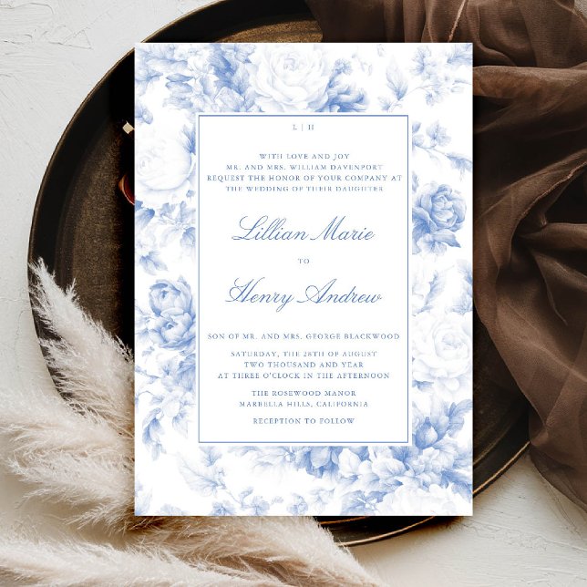 Convite Casamento Clássico Moderno do Toile Azul do Jardim (vintage garden wedding invitation blue toile french floral botanical old money formal traditional)