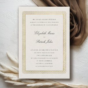 Convite Casamento Clássico Moderno em Linho Dourado Formal