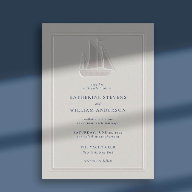 Convite Casamento Clássico Moderno Embossed Ocean Yacht Fa (nautical beach boat yacht coastal ocean wedding invitation faux embossed typography pearl navy blue)
