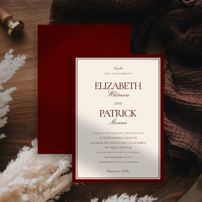 Convite Casamento Clássico Moderno Formal de Borgonha Prof (deep burgundy wedding invitation quiet luxury old money double frame formal modern classic couple)