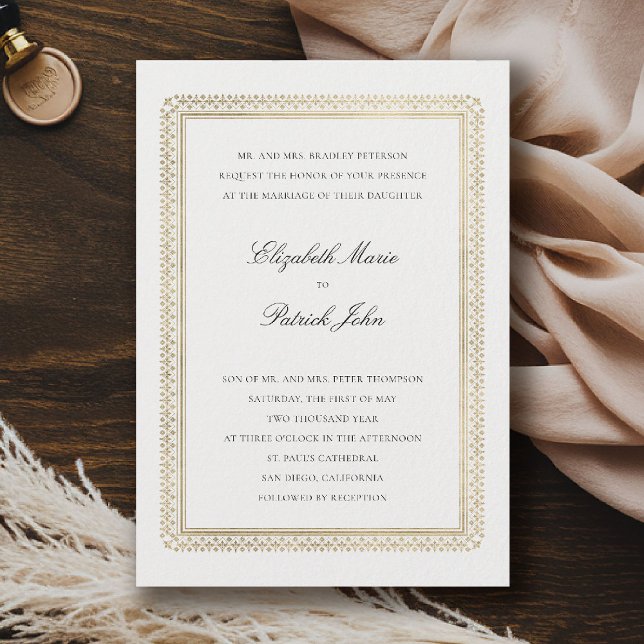 Convite Casamento Clássico Moderno Formal Dourado Lírio Ma (formal traditional wedding invitation modern classic gold ivory deco ballroom black tie)
