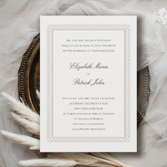 Convite Casamento Clássico Moderno Formal Elevado Lys Marf (formal traditional wedding invitation modern classic double frame deco ballroom black tie ivory)