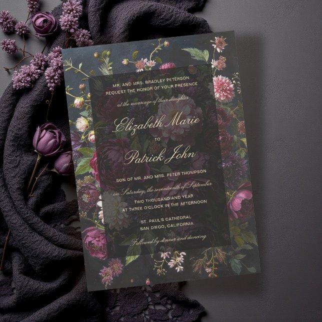 Convite Casamento Clássico Moderno Romântico Sombrio Forma (moody dark wedding invitation romantic gothic romance burgundy purple pink black gold elegant formal)