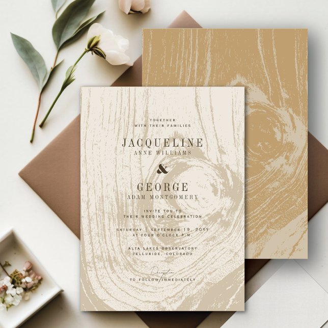 Convite Casamento Clássico Moderno Rústico de Outono com T (Classic Modern Rustic Yellow Ochre Woodgrain Chic Autumn Wedding Invitation @ fatfatin_blue_knot)