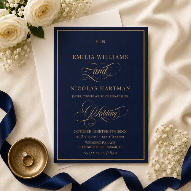 Convite Casamento Clássico Monograma Azul Cobalto Dourado (Criador carregado)
